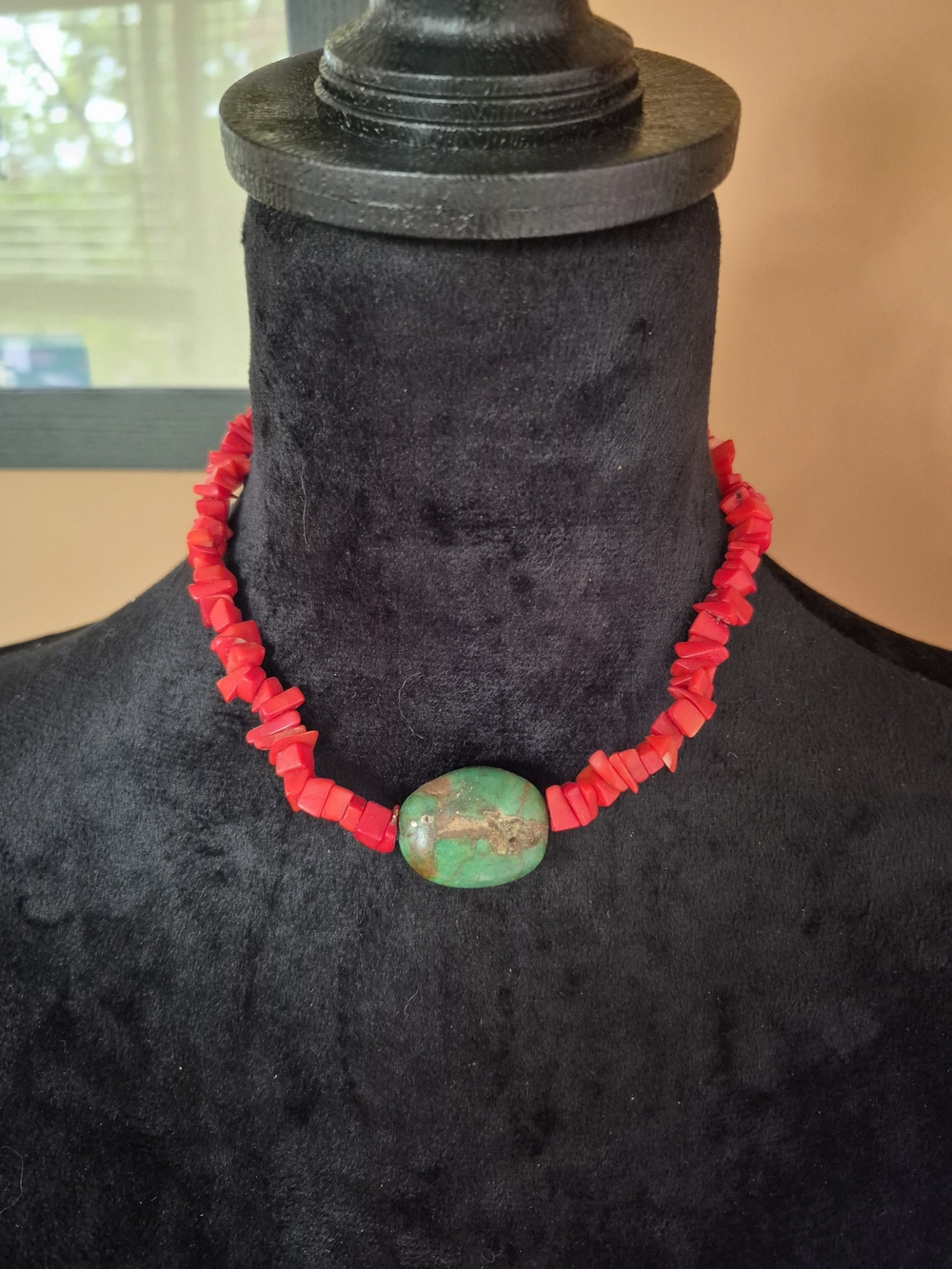 Red Chip Bead Necklace with Turquoise Accent